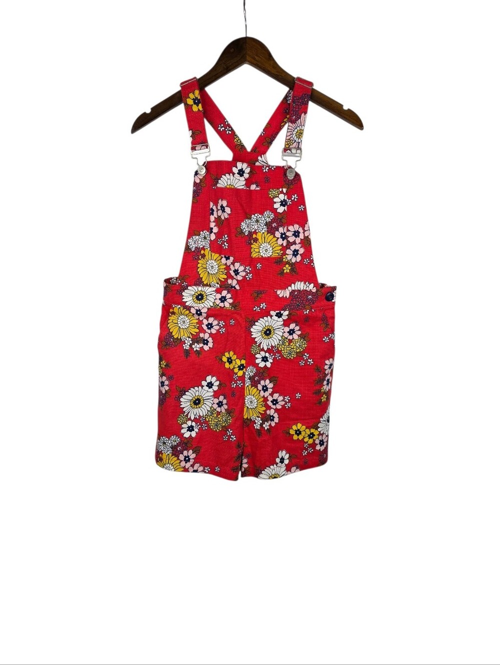 ModCloth New Summer Days Cotton Red Floral Dazed Bib Shortalls Overalls Size 4